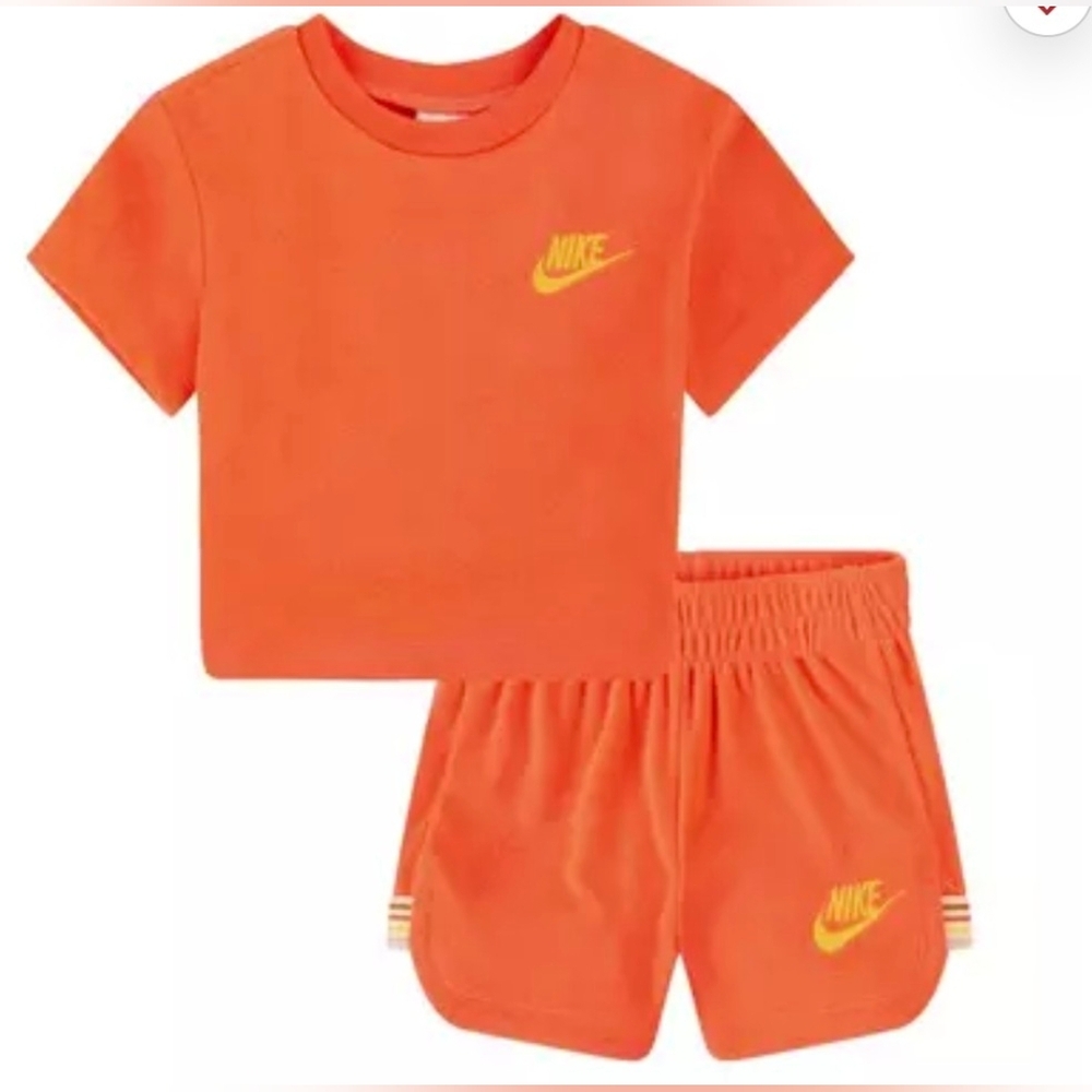 Nike Orange Crop Tee & Shorts Set with Yellow Swoosh Sz. 24M